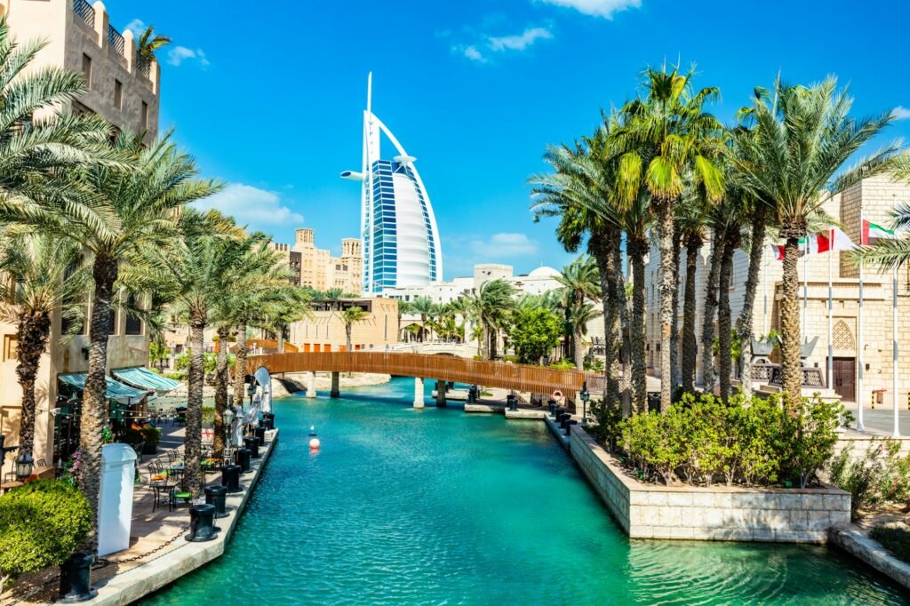 Burj Al Arab seen from madinat jumeirah in Dubai UAE