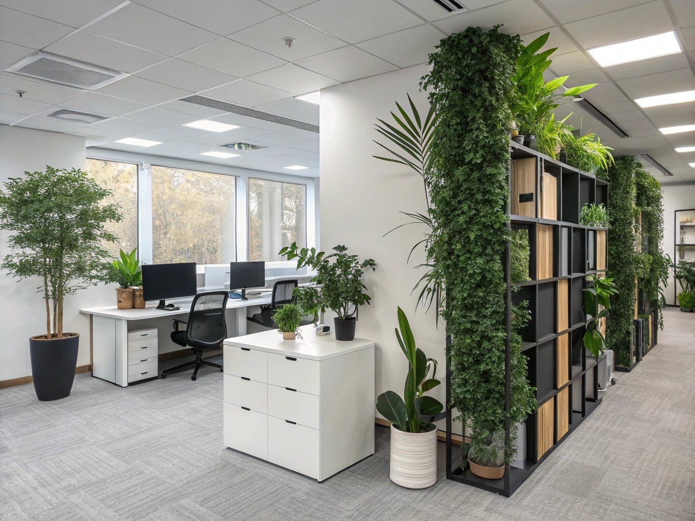 office with faux plants