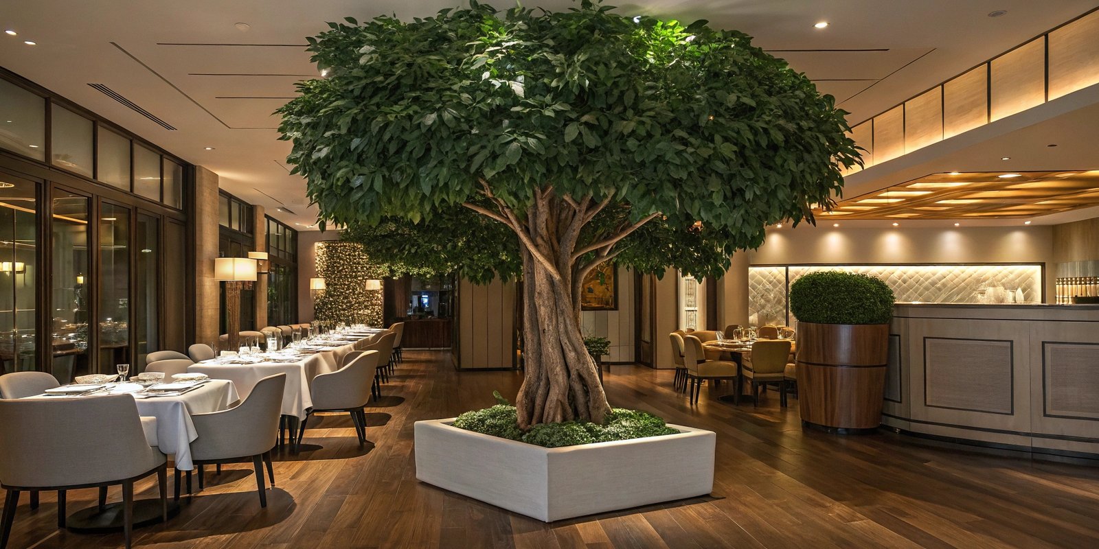 Large faux ficus tree used as a commercial interior feature tree
