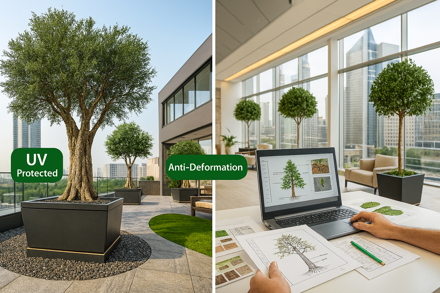 Application Image: Outdoor terrace with large, stable artificial trees; indoor lobby with minimal potted faux trees