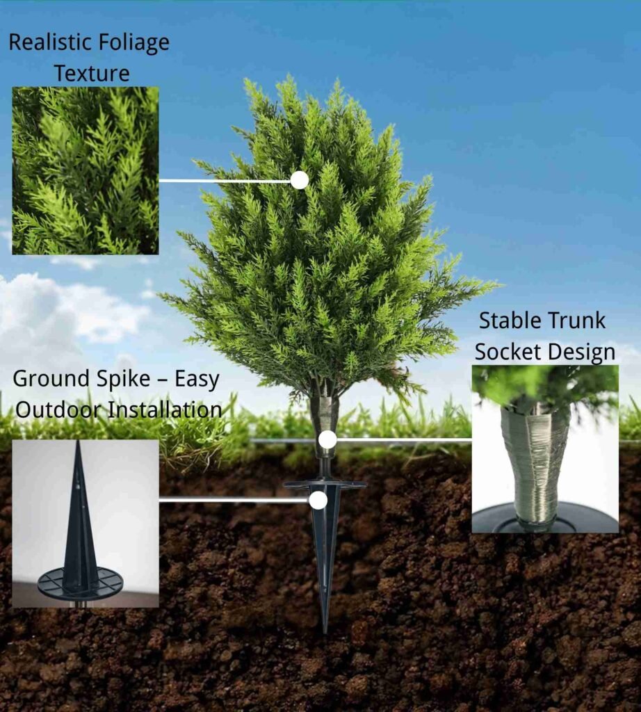 Detailed view of artificial topiary tree with realistic foliage texture, ground spike for easy installation, and stable trunk socket design.