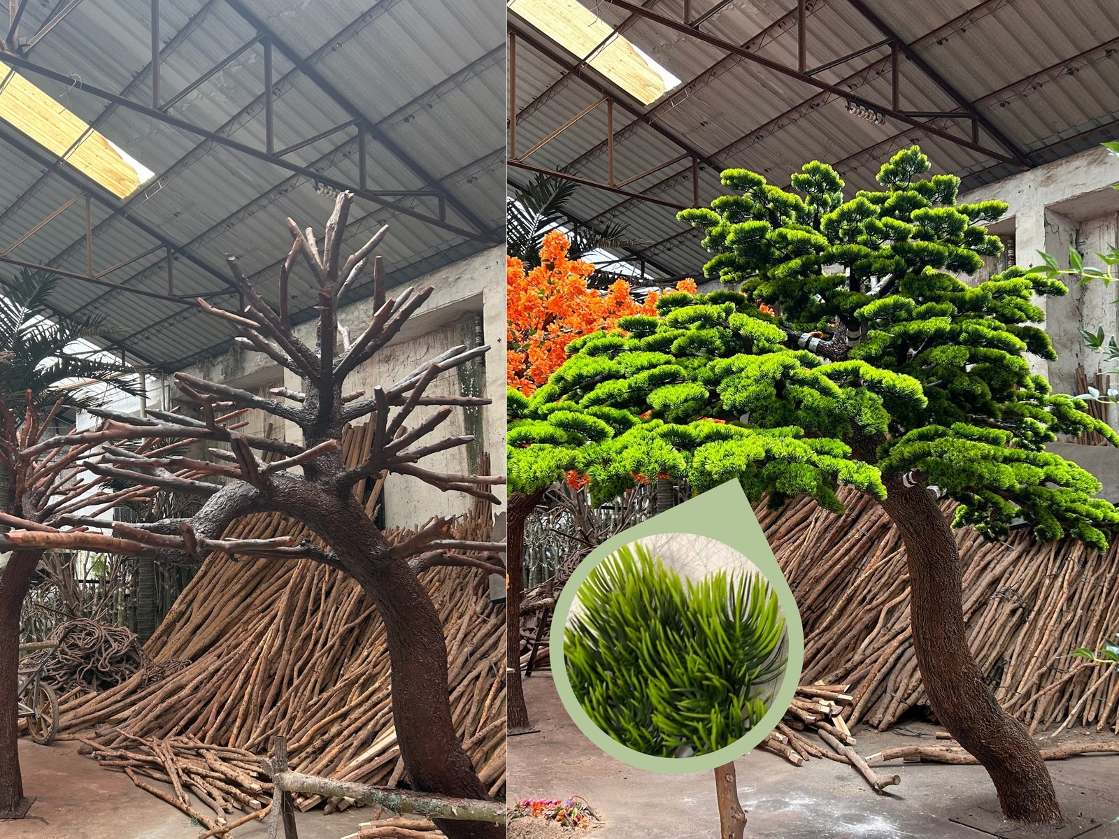 Branch and foliage assembly on a custom artificial bonsai tree