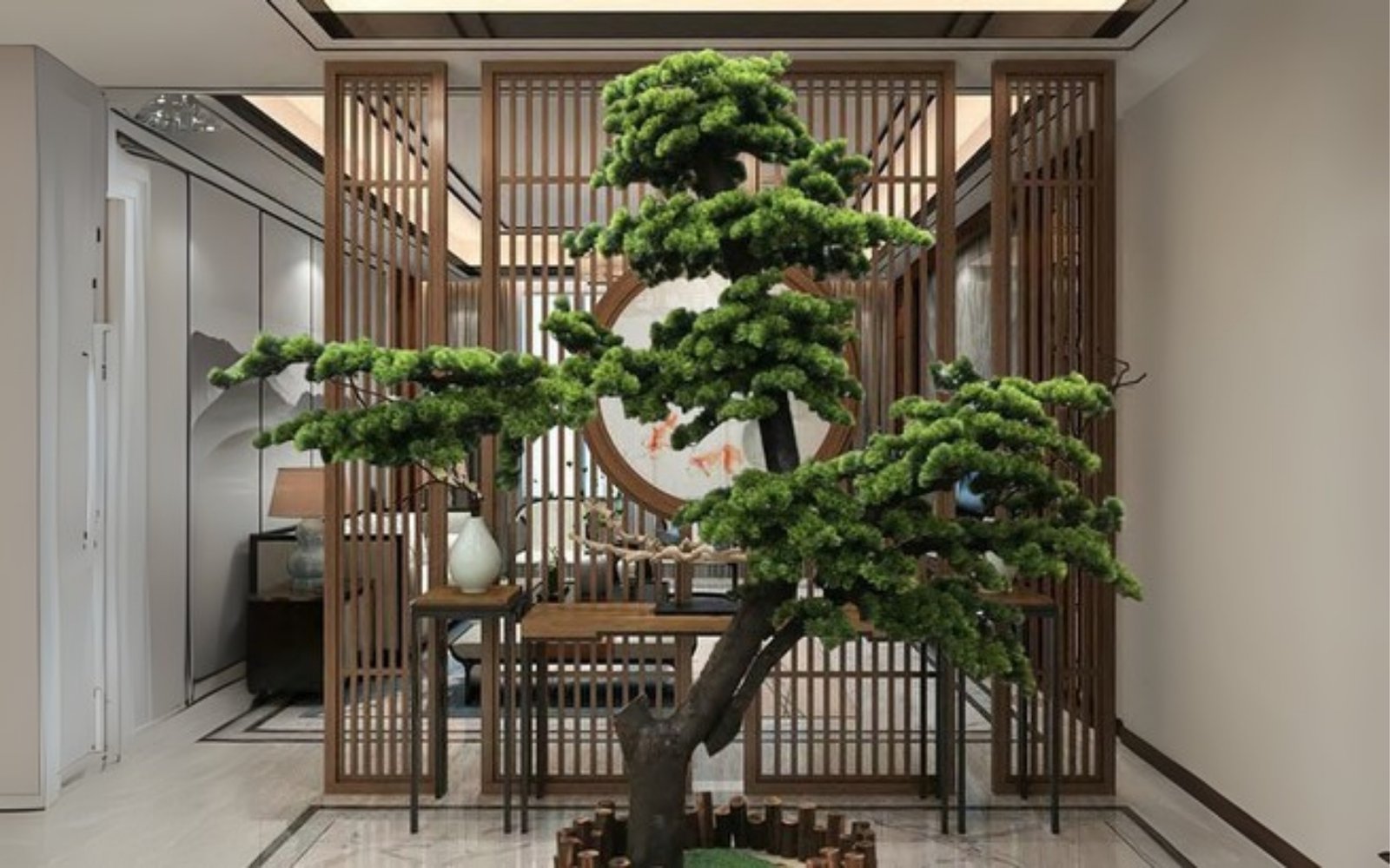 Large artificial bonsai tree used as a focal feature in a corporate reception interior