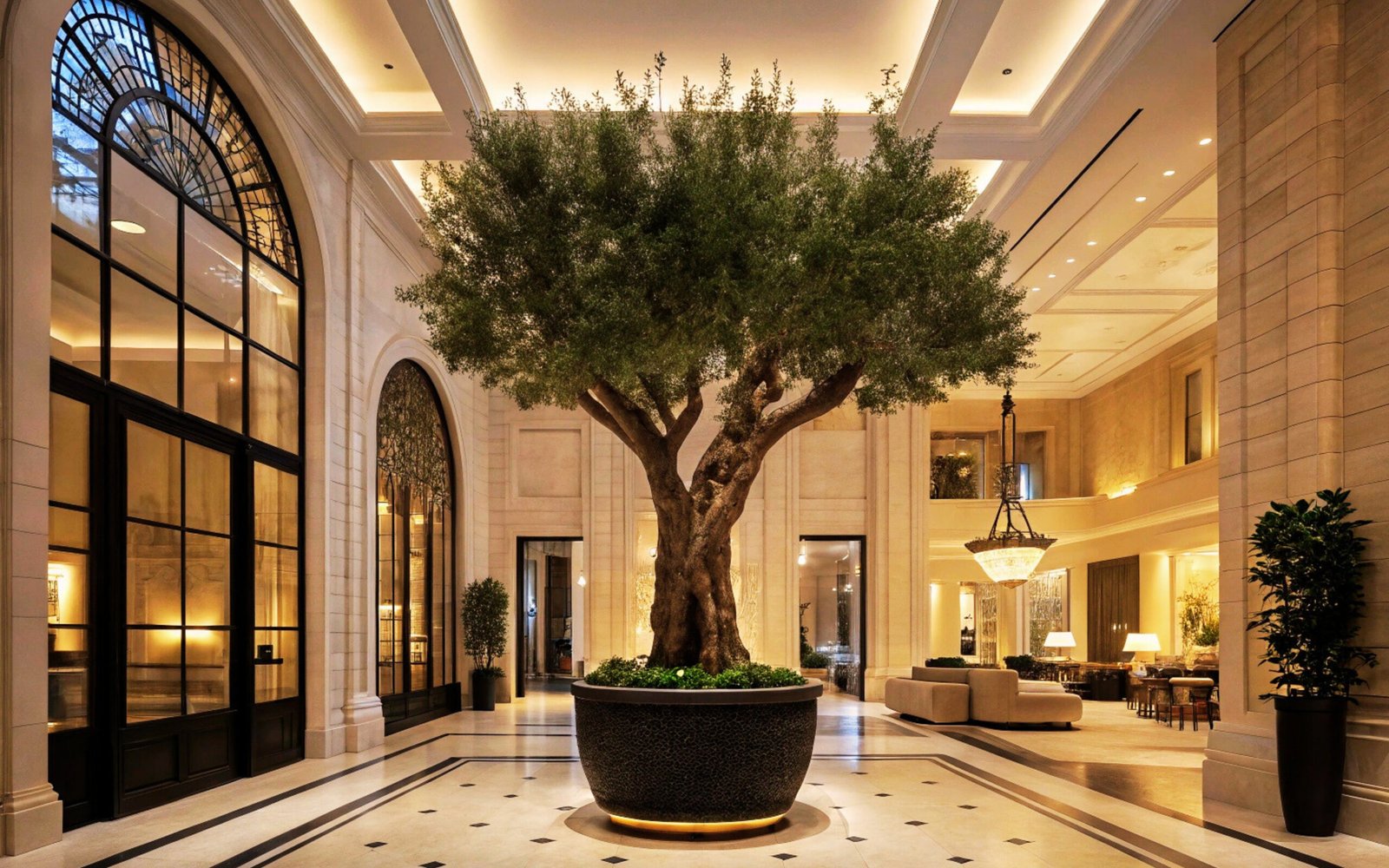 Dark foliage olive tree in Gulf hotel lobby