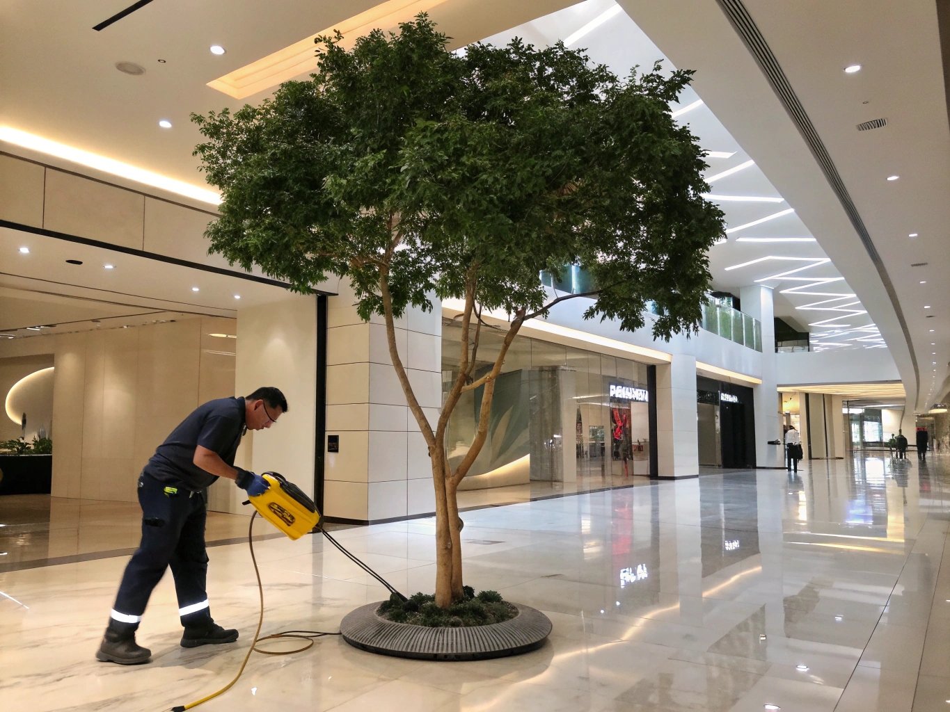 Low-Maintenance Cleaning: Staff using air blower to maintain faux tree in shopping mall