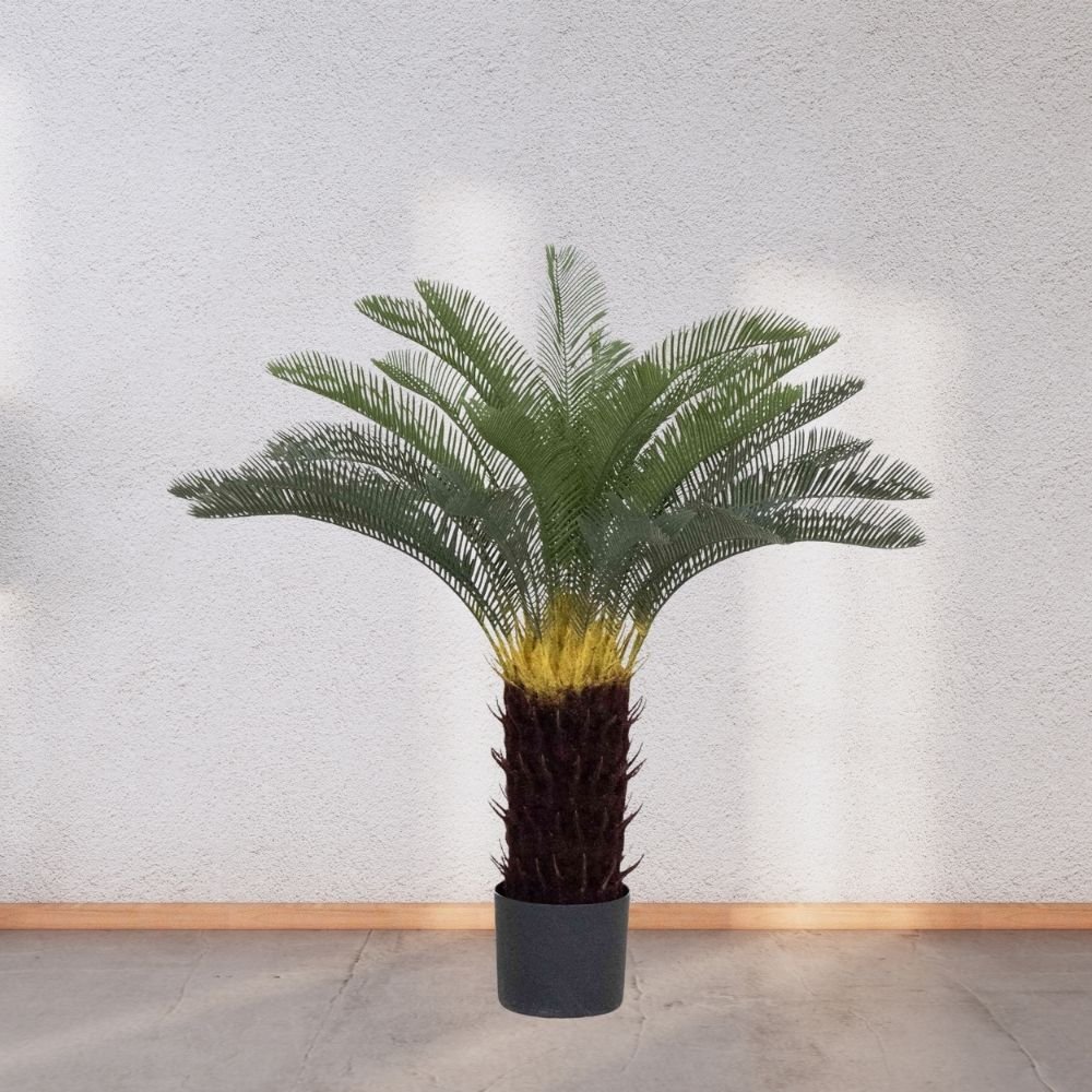 Single fake sago palm tree in a black pot standing in a brightly lit, minimalist room