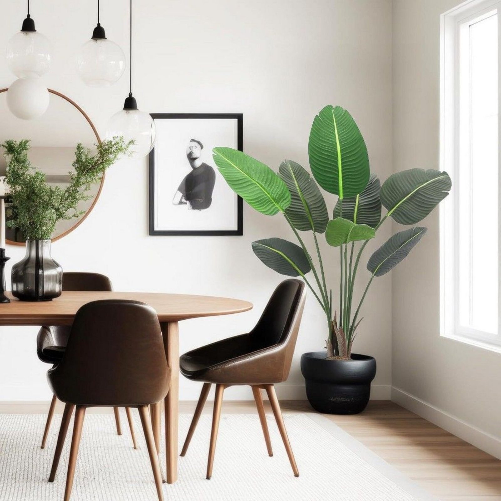 Indoor artificial palm tree in a modern dining space Indoor artificial palm tree in a modern dining space