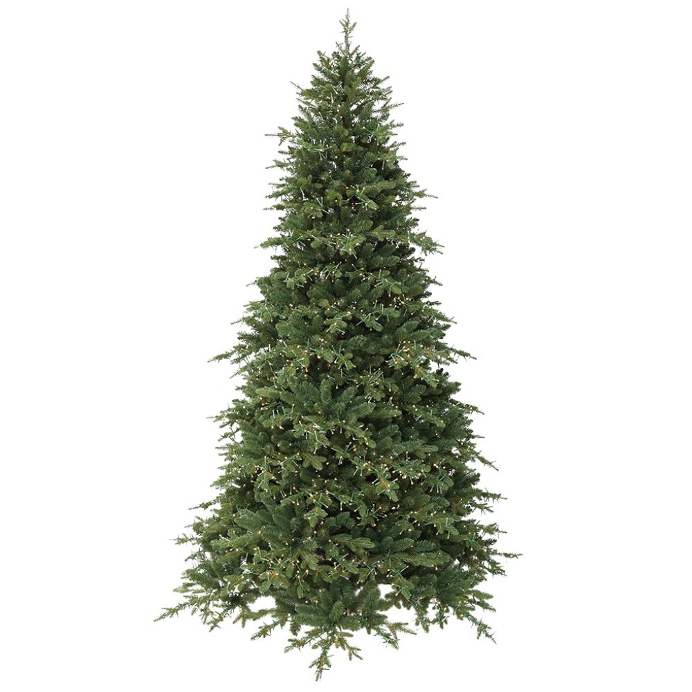 A full-bodied artificial pine tree with dense, dark green needles and a sturdy base stand.