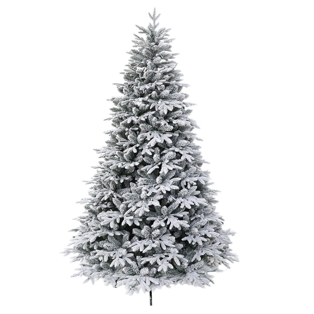 A snowy artificial pine tree covered in white flocking, designed to resemble a tree dusted with fresh snow.