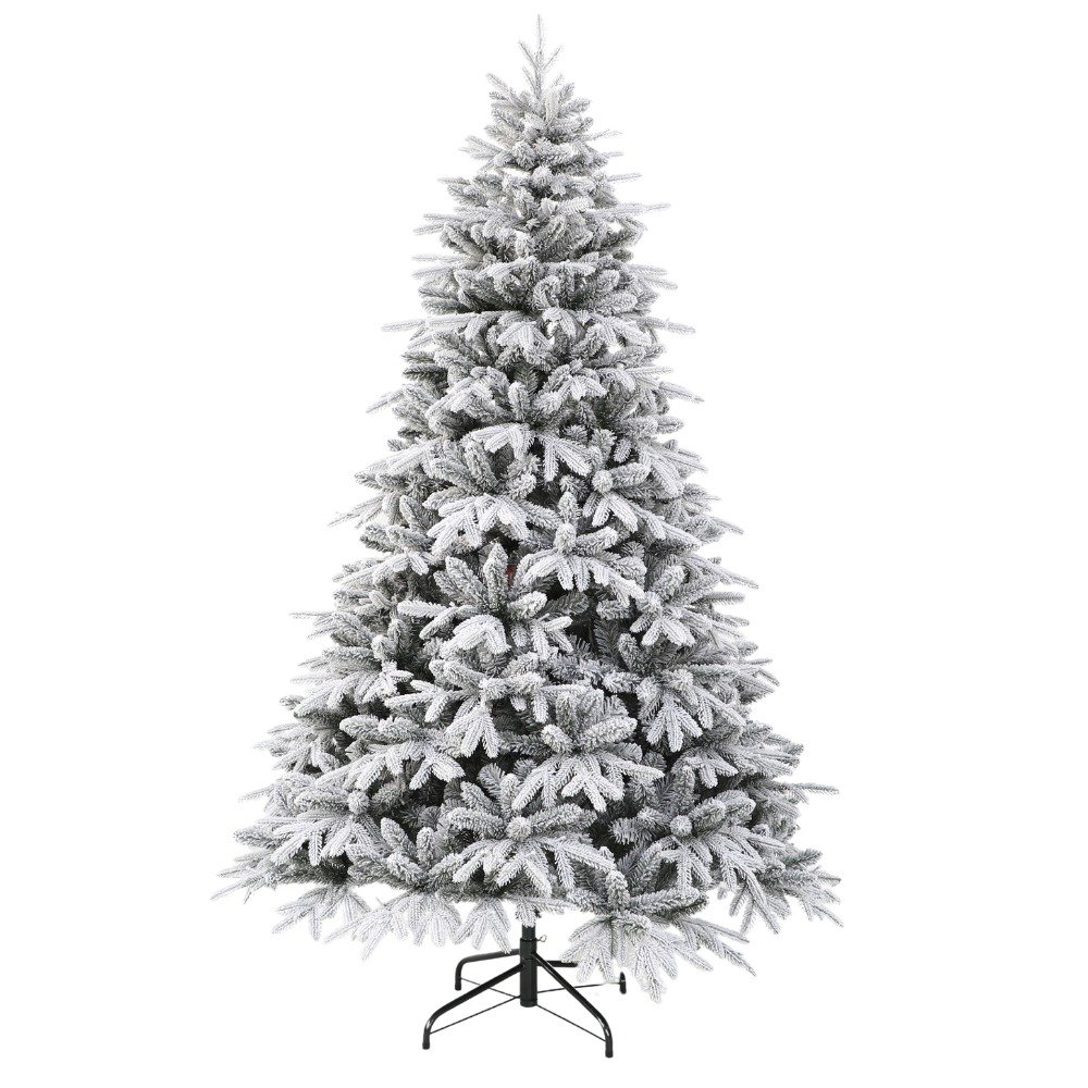 A thick, heavy flocked artificial pine tree with dense branches completely covered in a white snow effect.