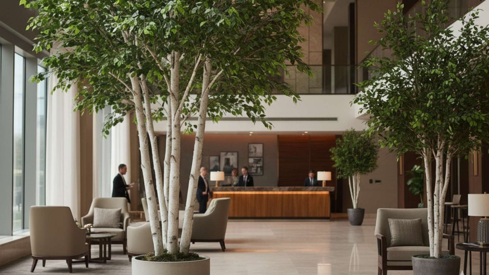 Artificial birch trees in a hotel lobby and lounge interior Artificial birch trees in a hotel lobby and lounge interior