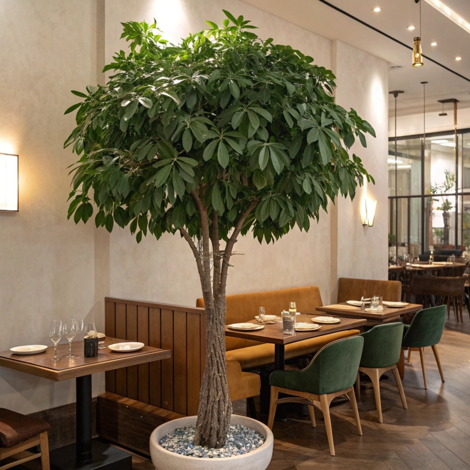Artificial schefflera tree in a restaurant dining interior Artificial schefflera tree in a restaurant dining interior