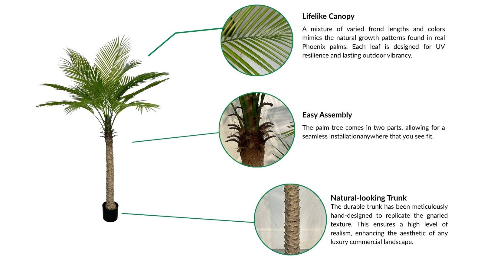 A realistic artificial Phoenix Palm tree with a thick, textured single trunk and full feather-like fronds, ideal for tropical commercial decor.