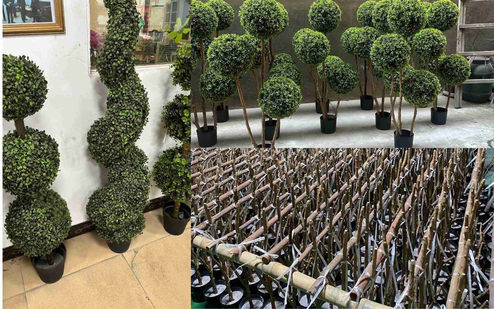 Full view of Oakco's artificial boxwood tree factory, showing raw trunk material storage, finished boxwood ball trees, and custom spiral topiary products.