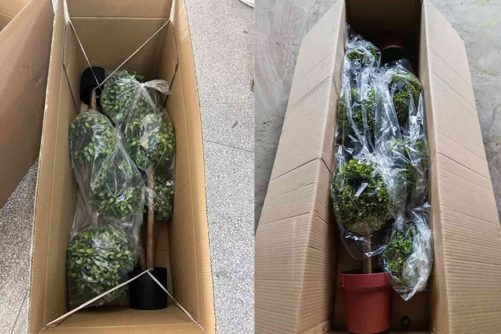 Secure packaging process for shipping wholesale artificial boxwood topiary trees: durable corrugated cartons and wooden crates for safe international export.