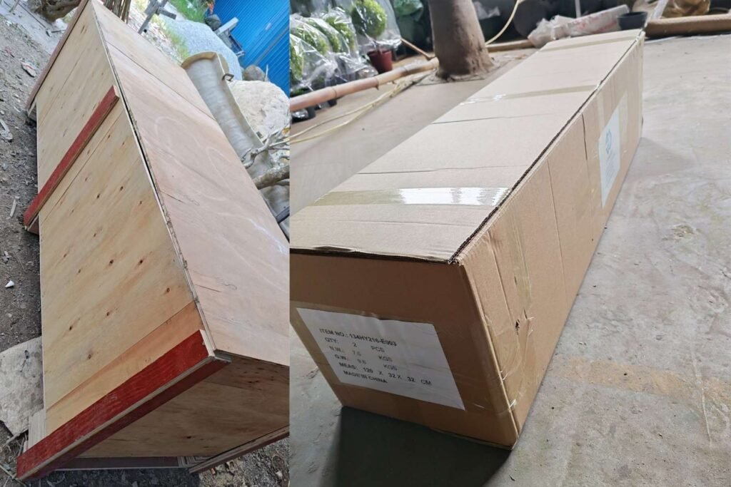 Secure packaging process for shipping wholesale artificial boxwood topiary trees: durable corrugated cartons and wooden crates for safe international export.