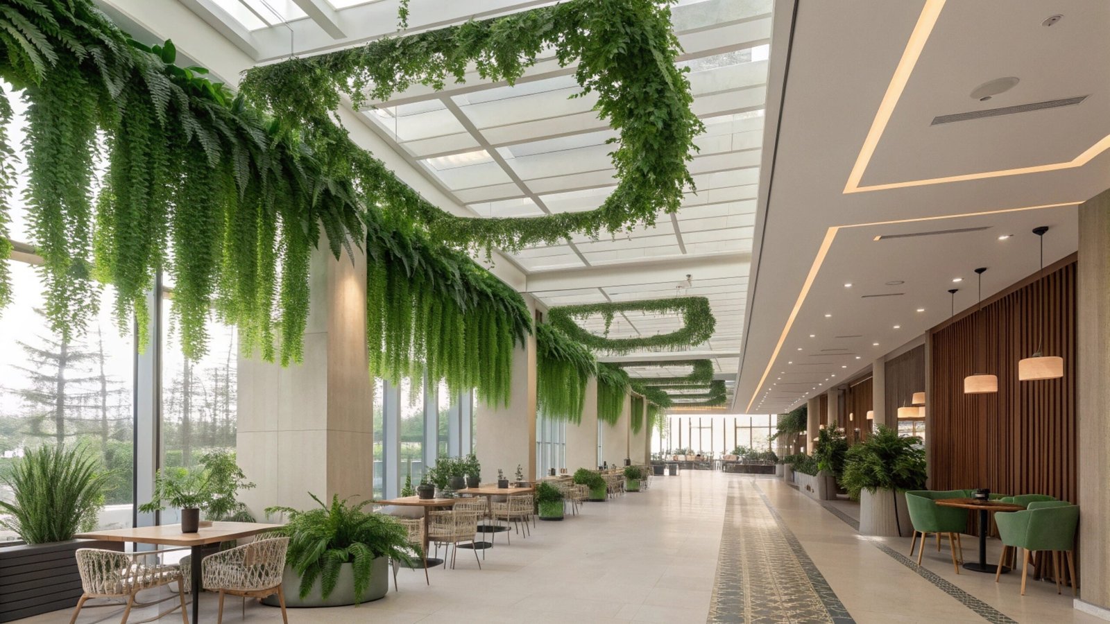 Artificial hanging plants and ceiling greenery across a commercial interior