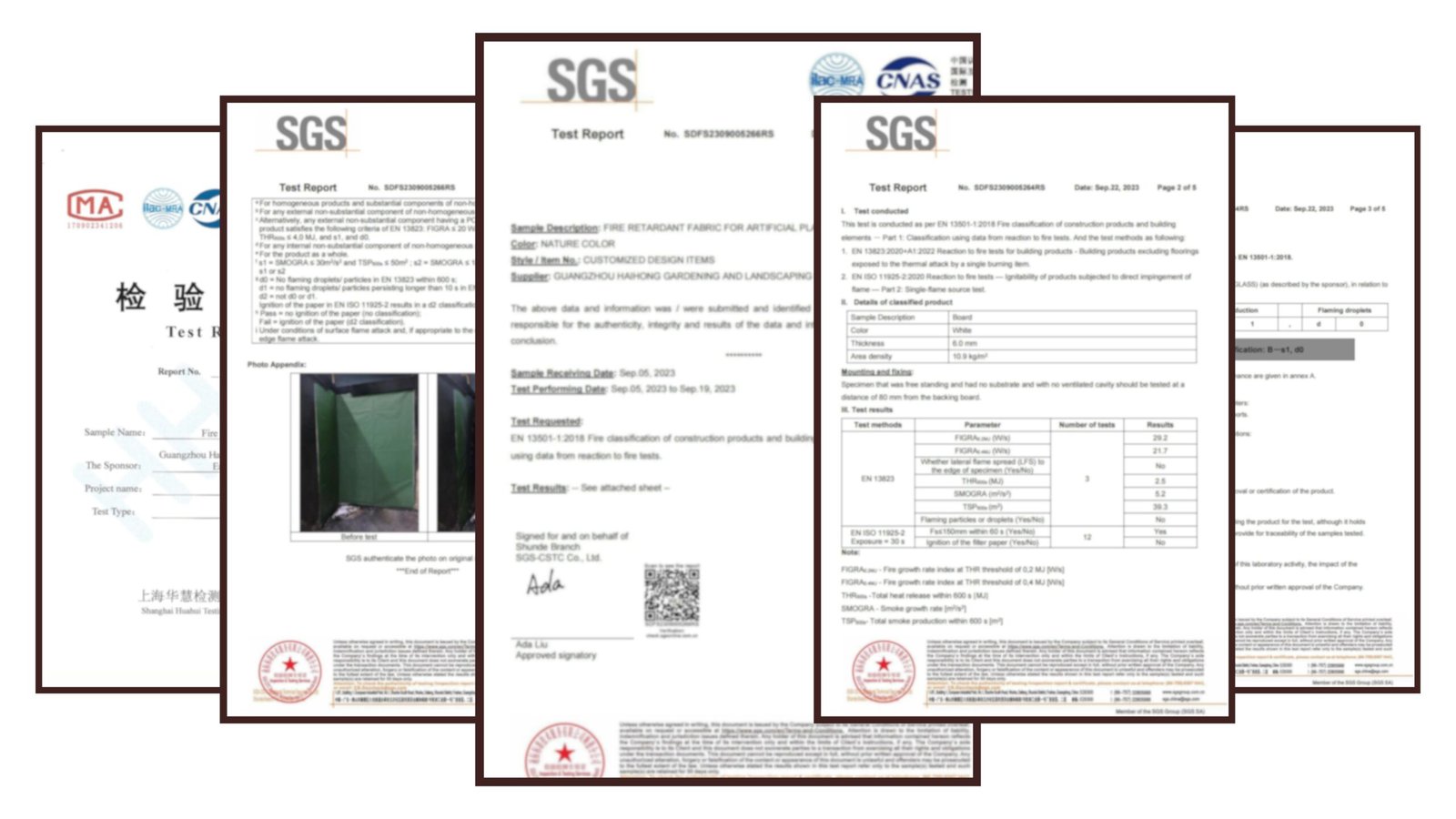 SGS fire-performance test documentation for Oakco preserved palm products