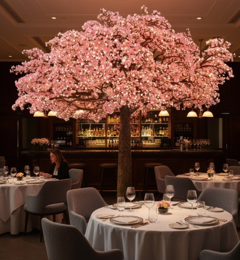 Elegant restaurant dining room featuring a large pink cherry blossom tree centerpiece, white linen tables, modern grey chairs, and a sophisticated bar background with warm lighting.
