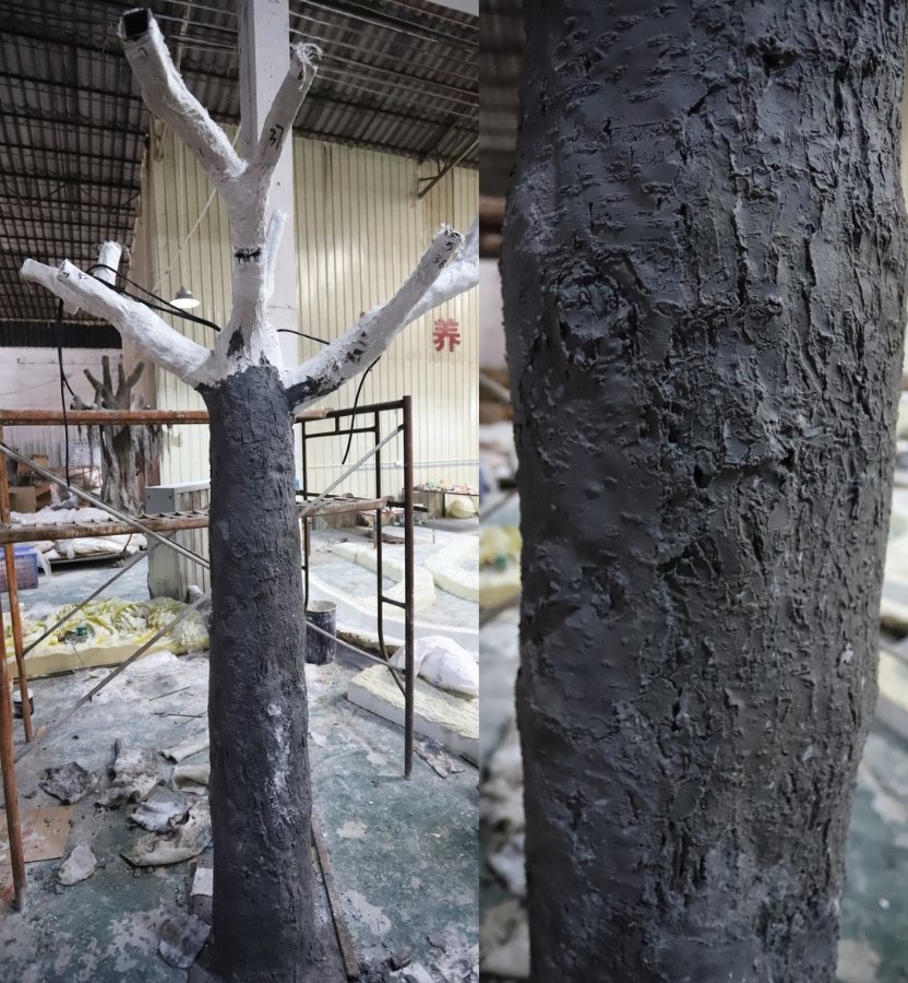 Comparison of internal anti-rust steel frame and hand-sculpted realistic tree bark texture.