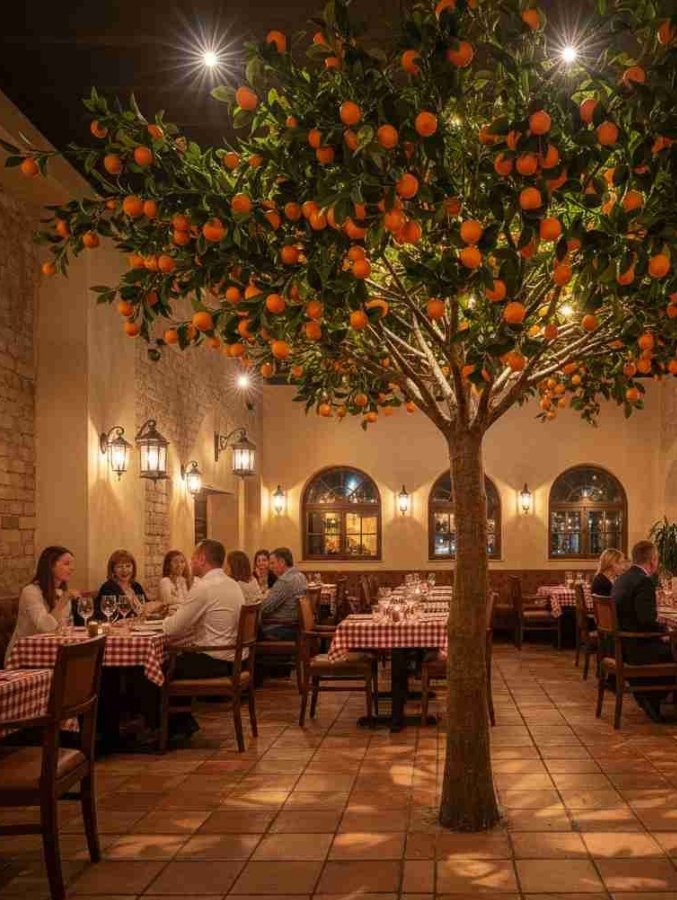 A single, lush Oakco artificial orange tree with vibrant fruit as a central focal point in a Mediterranean-style themed restaurant, creating an indoor orchard dining experience.