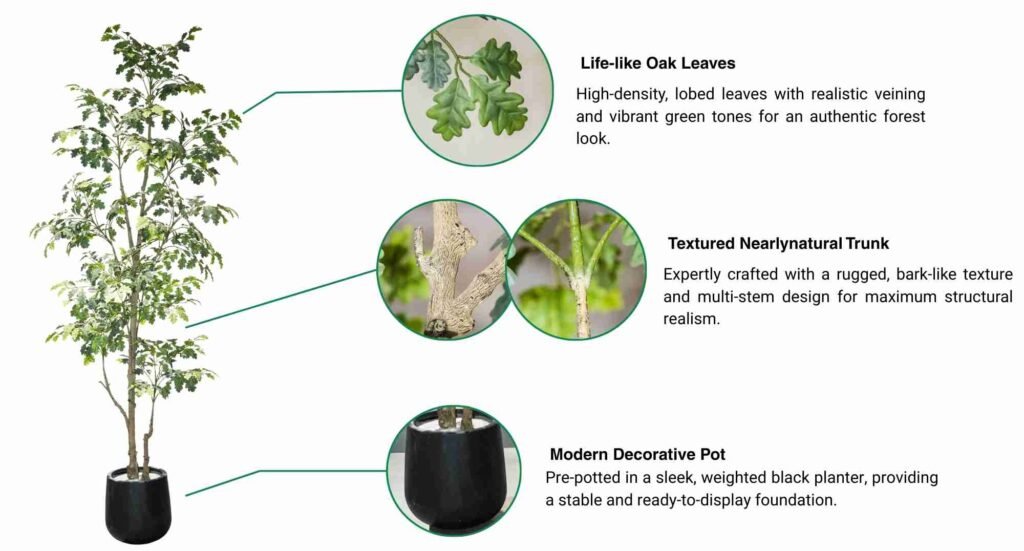 Premium faux oak tree for commercial interior design, featuring life-like foliage and a stable weighted base.