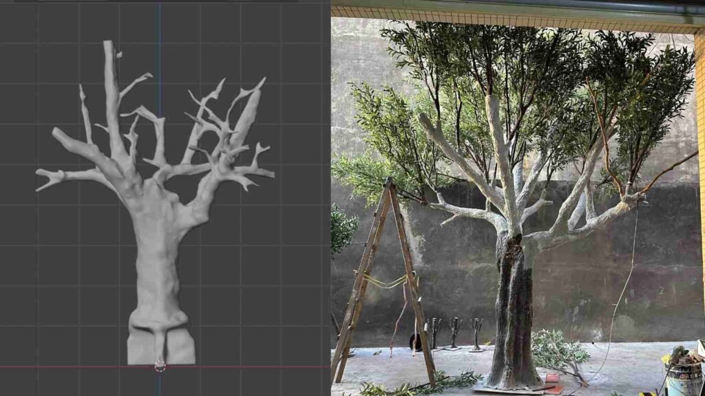 A side-by-side comparison showing a 3D digital design model of a custom tree and the high-fidelity finished artificial tree manufactured by Oakco