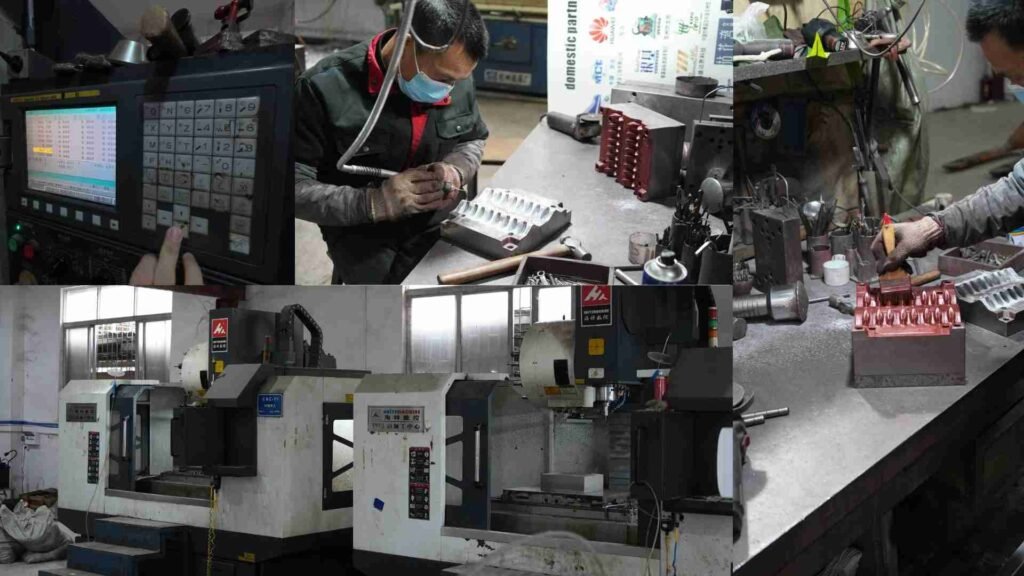 Internal view of Oakco factory showing precision CNC machine centers and skilled technicians fabricating custom molds for hyper-realistic artificial tree trunks.