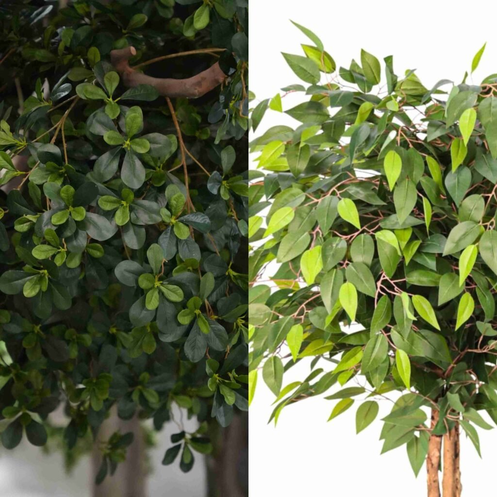 Artificial banyan tree leaf style comparison showing different foliage shapes, colors, and canopy textures