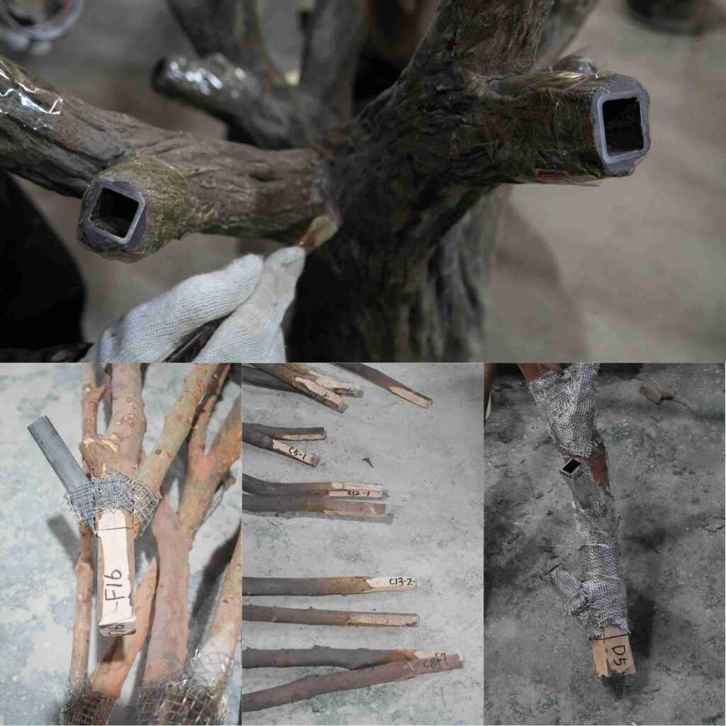 Artificial banyan tree branch and trunk structure showing internal connection details for custom project production