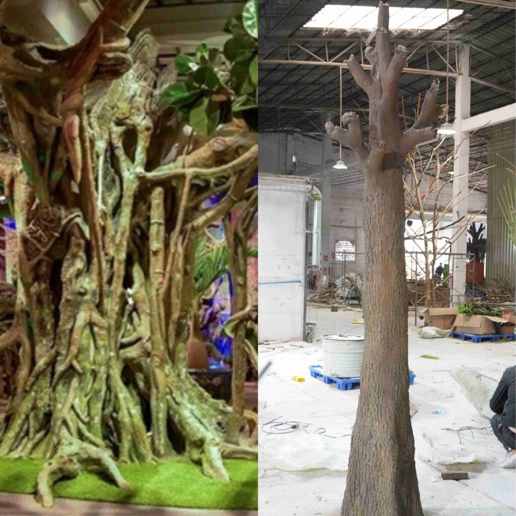 Custom artificial banyan tree trunk form showing realistic root structure and handcrafted commercial tree detailing
