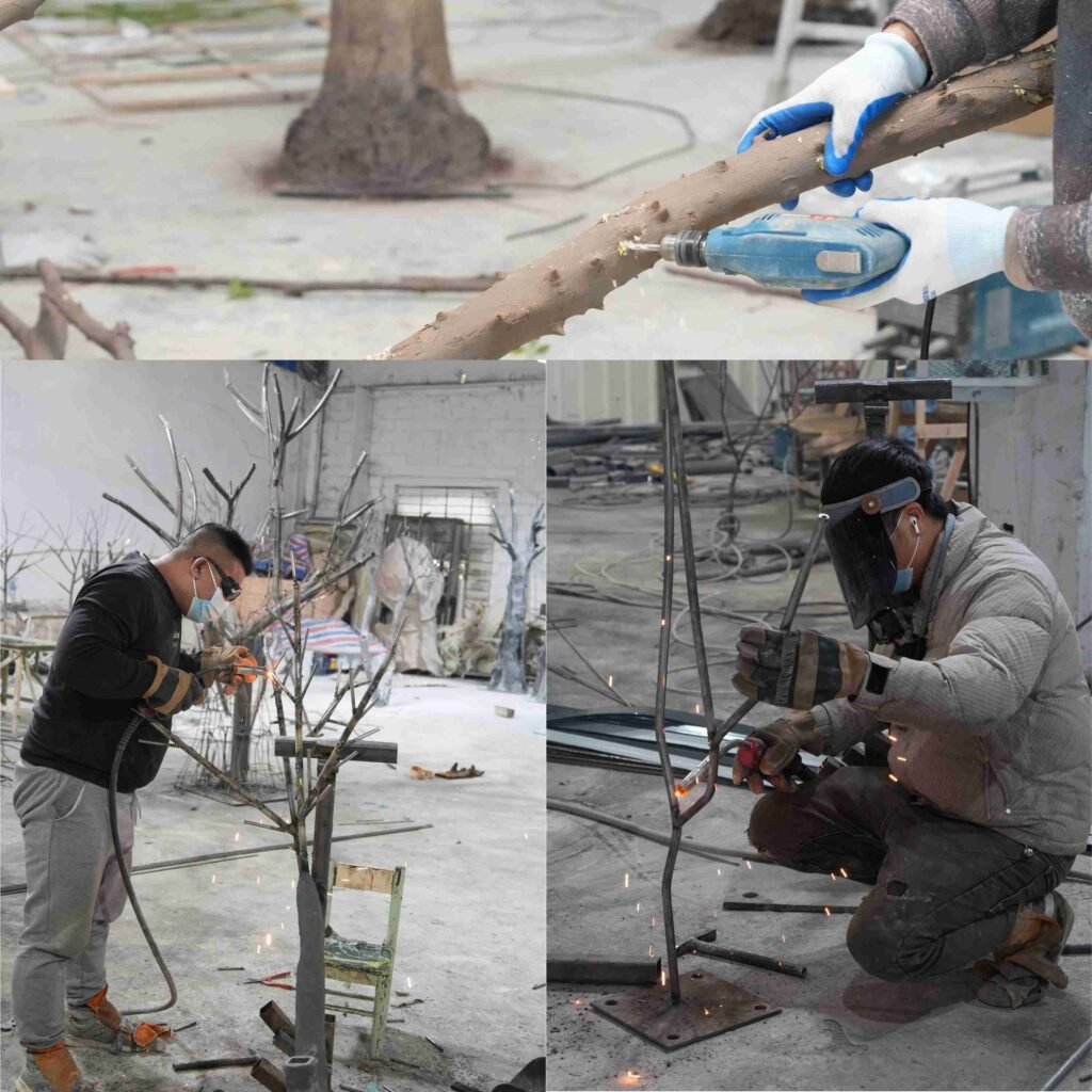 Welded branch structure of an artificial banyan tree for strong support in large commercial installations