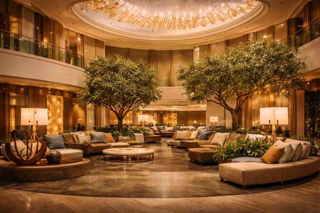 artificial indoor trees in luxury hotel lobby commercial project, showcasing large-scale interior artificial tree solutions for hospitality environments with realistic design and long lifespan