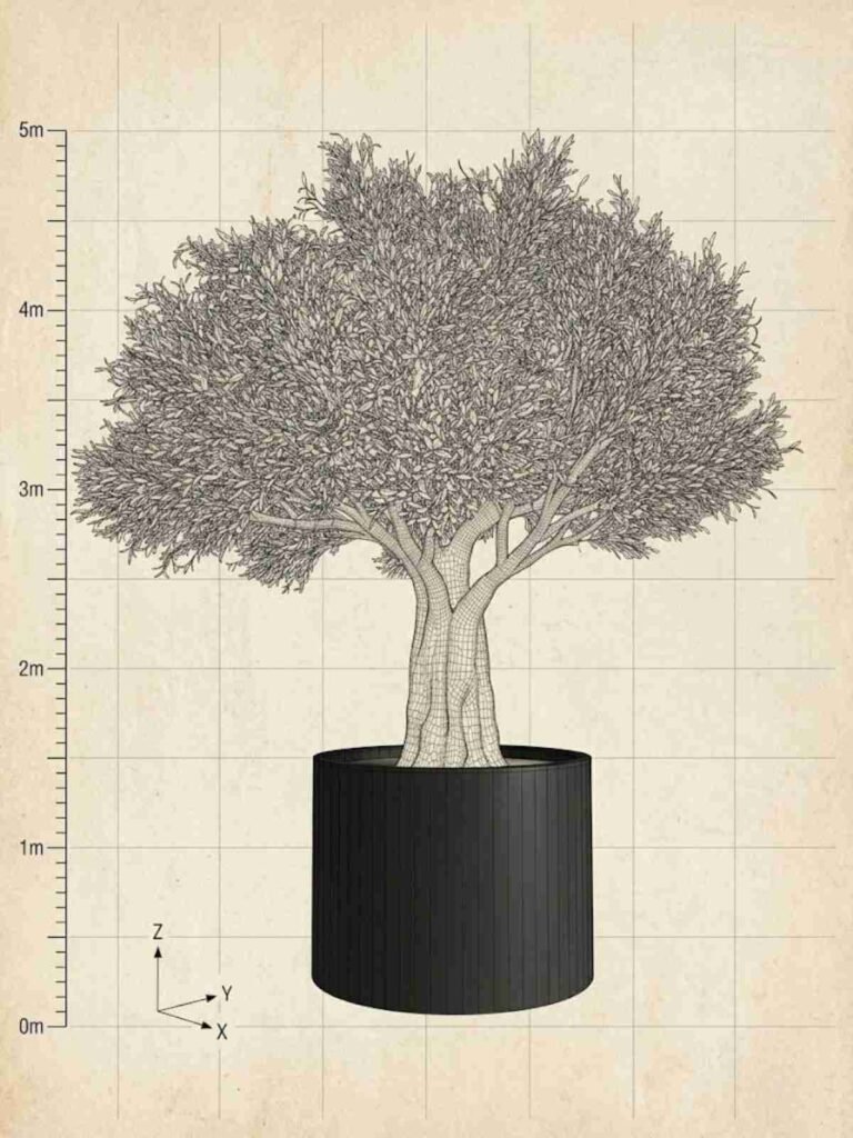 Bespoke artificial olive tree concept sketch with dimensions, canopy diameter, trunk structure, UV protection, branch distribution, and steel base frame details