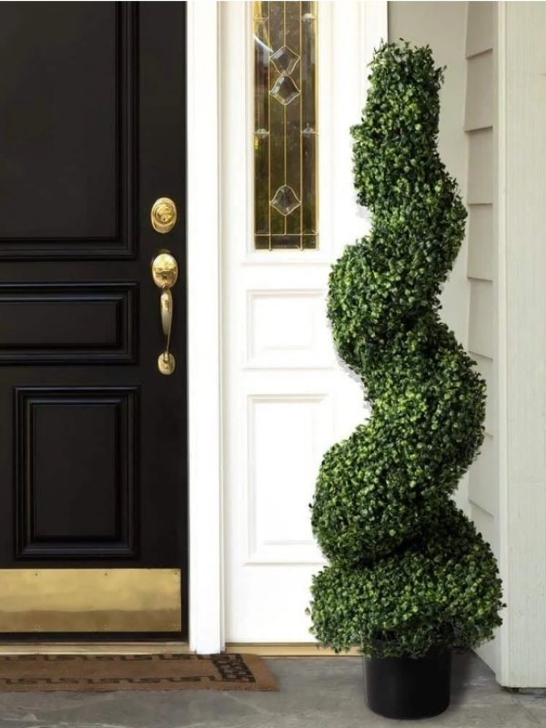 Artificial spiral boxwood topiary tree in black pot for entrance, doorway, patio, and commercial landscape decoration