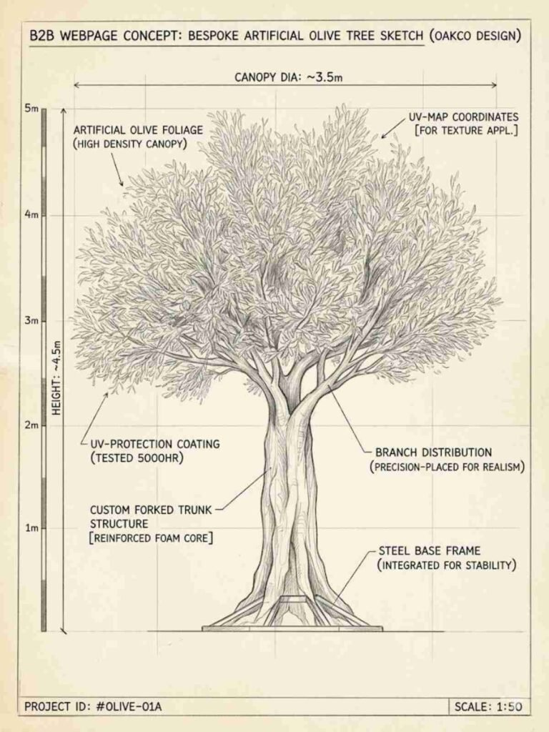 Bespoke artificial olive tree 3D model render in black planter, showing dense canopy, multi-trunk structure, and commercial project design scale reference