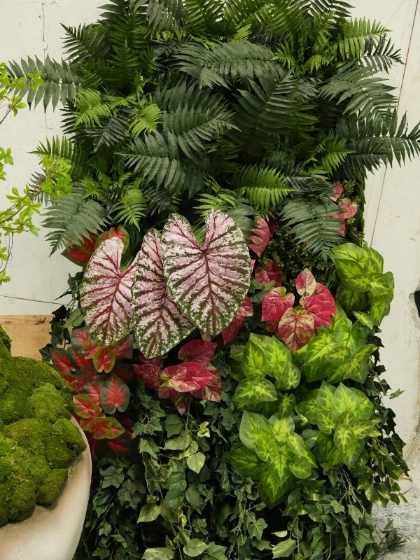 Mixed artificial tropical plant wall with caladium leaves, ferns, ivy, and green foliage for commercial interior decoration