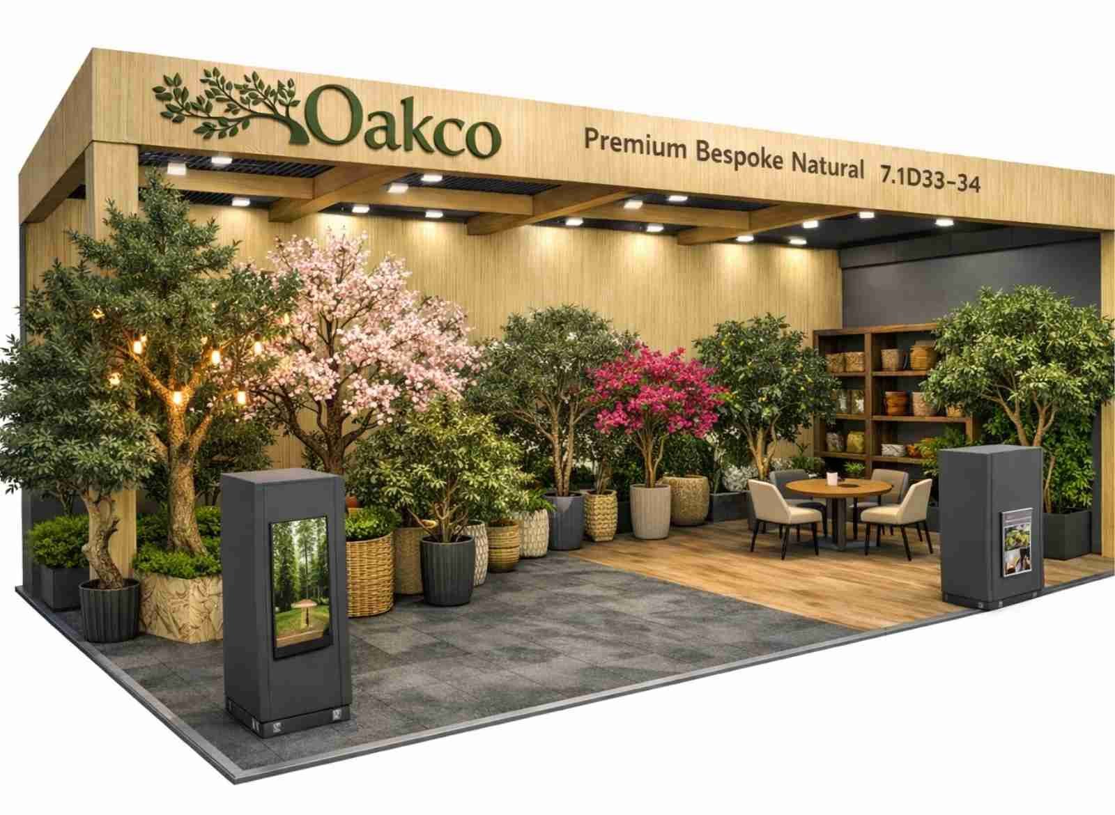 Oakco exhibition booth design at the 138th Canton Fair featuring bespoke artificial trees, flowering trees, and premium commercial greenery displays