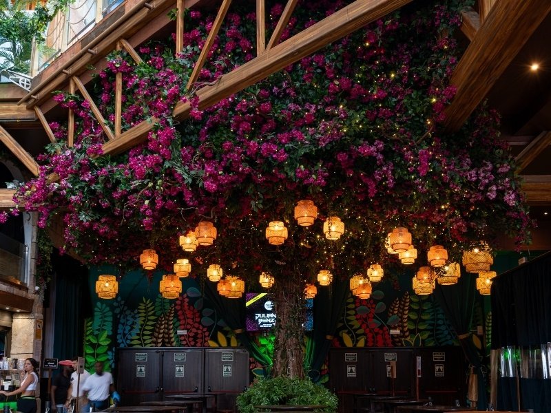 Artificial bougainvillea canopy for a hospitality space