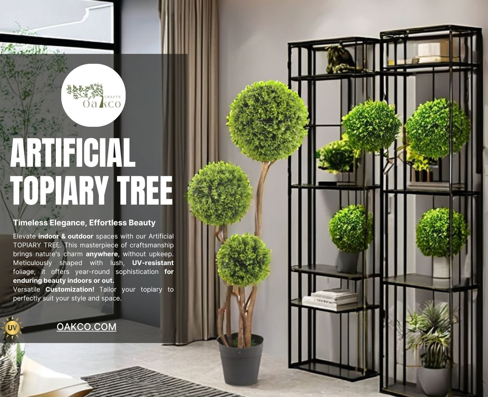 Artificial topiary tree catalog cover for entrances, events, retail displays, and commercial decoration