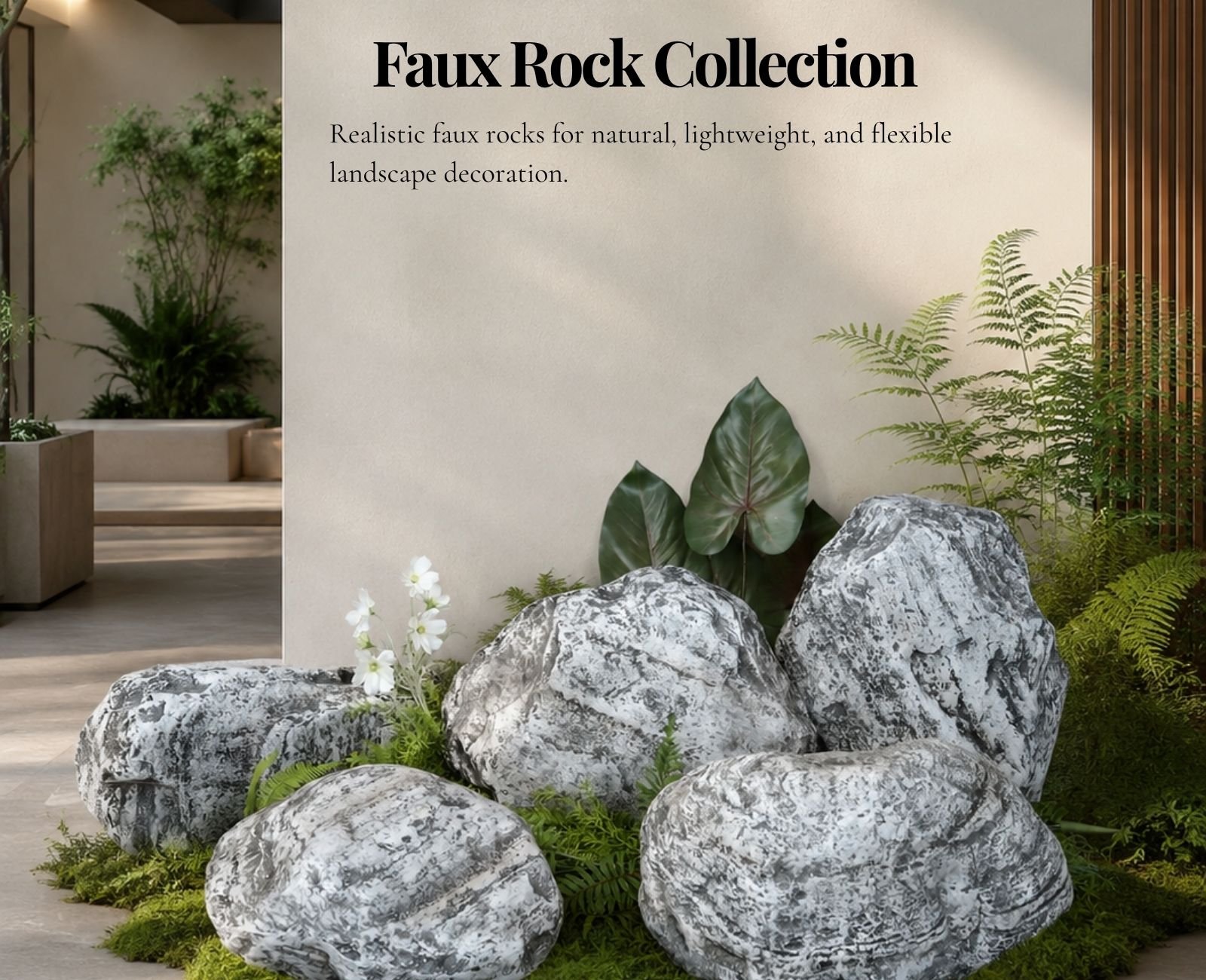 Faux rock collection catalog cover for lightweight artificial rocks, theme parks, and landscape decoration