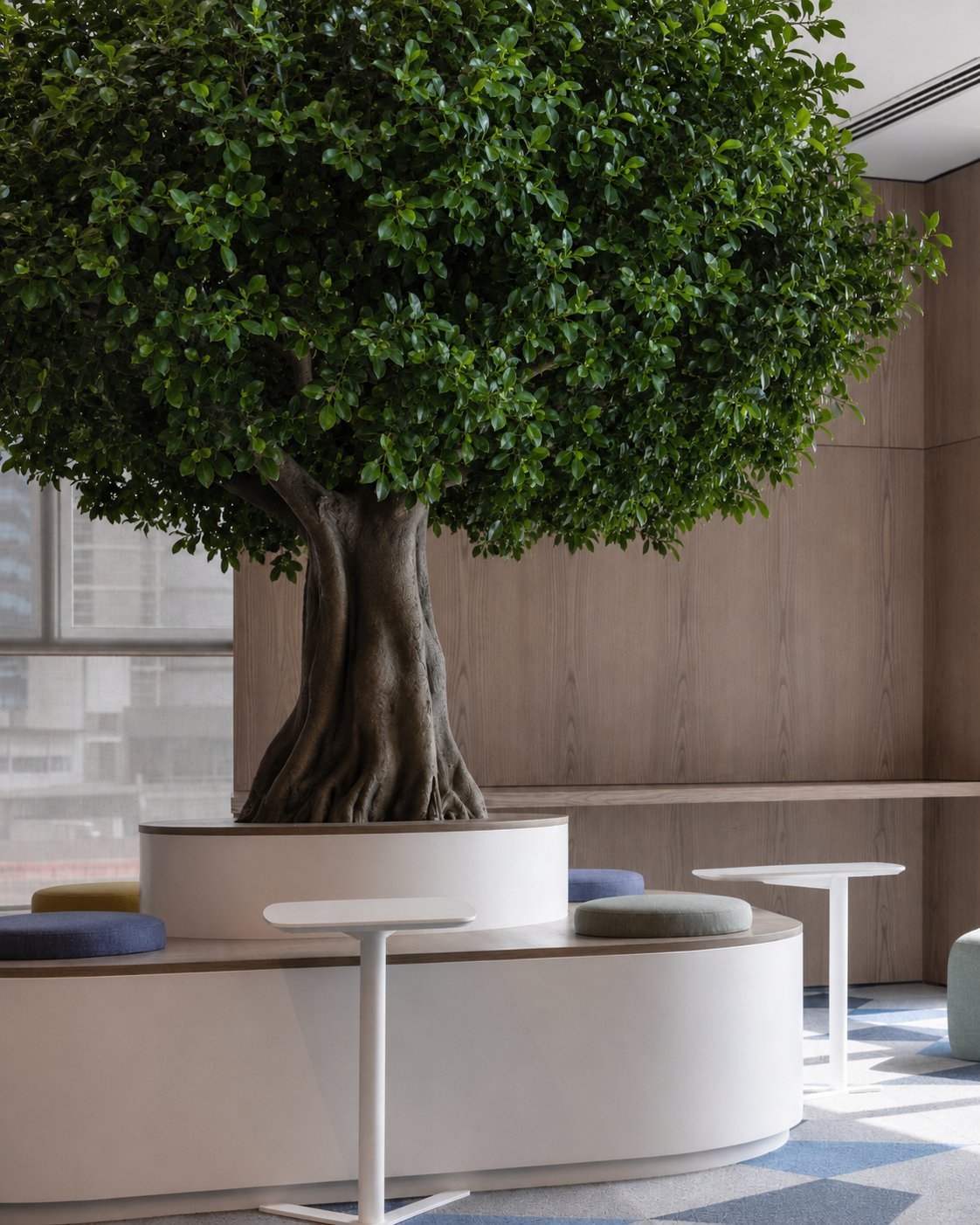 Artificial banyan tree used in a commercial office interior