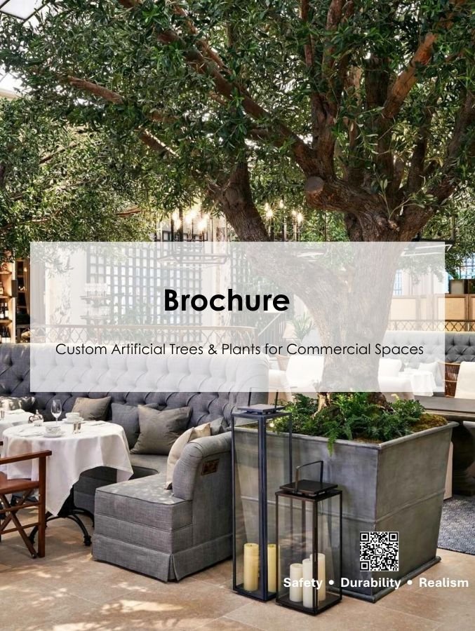 Oakco company brochure cover featuring custom artificial trees and plants for commercial spaces