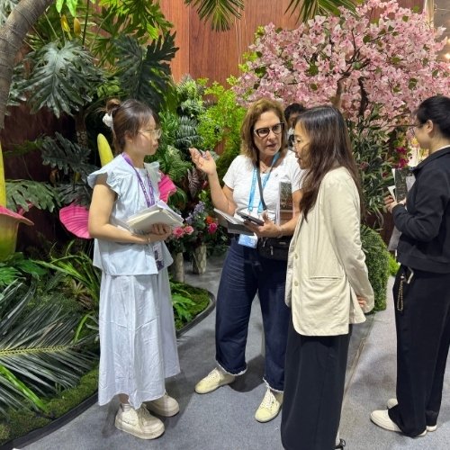 Oakco team discussing bespoke artificial trees and commercial greenery solutions with international buyers