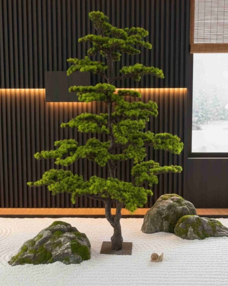 Indoor artificial pine tree in a Japanese-inspired commercial landscape