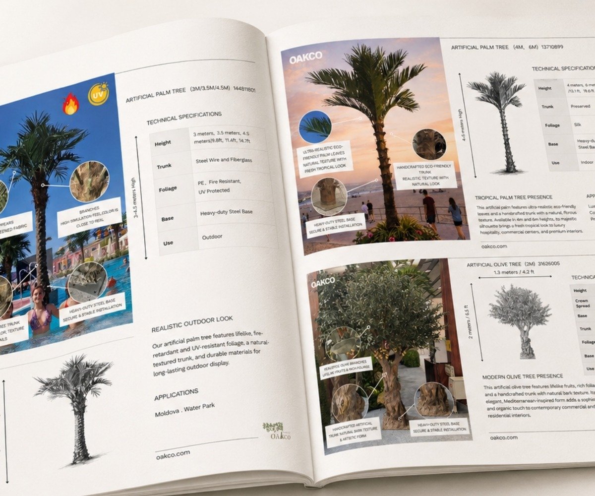Oakco artificial tree catalogue with product specifications, palm trees, olive trees and commercial project references