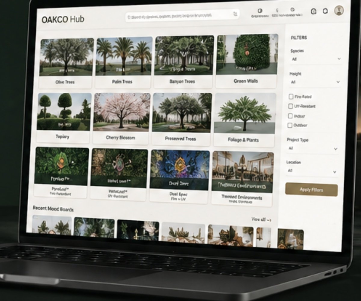 Oakco Visual Hub interface displayed on laptop with artificial trees, green walls, project references and filter options for commercial foliage projects