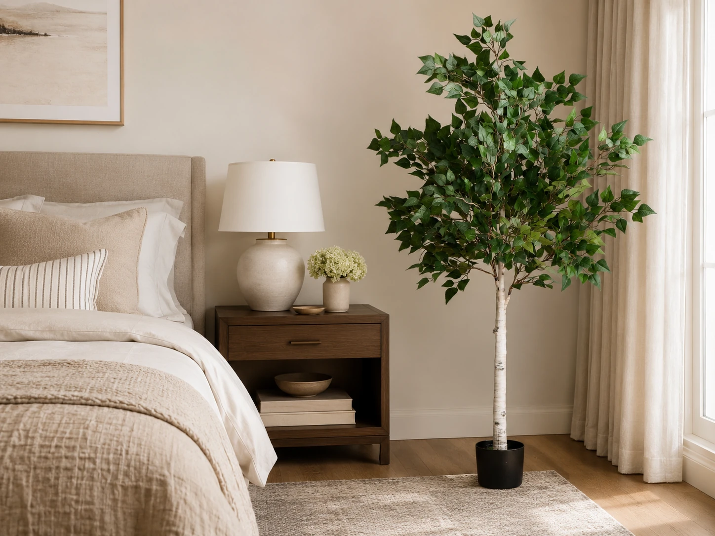 Potted artificial birch tree bedroom corner interior for hospitality styling