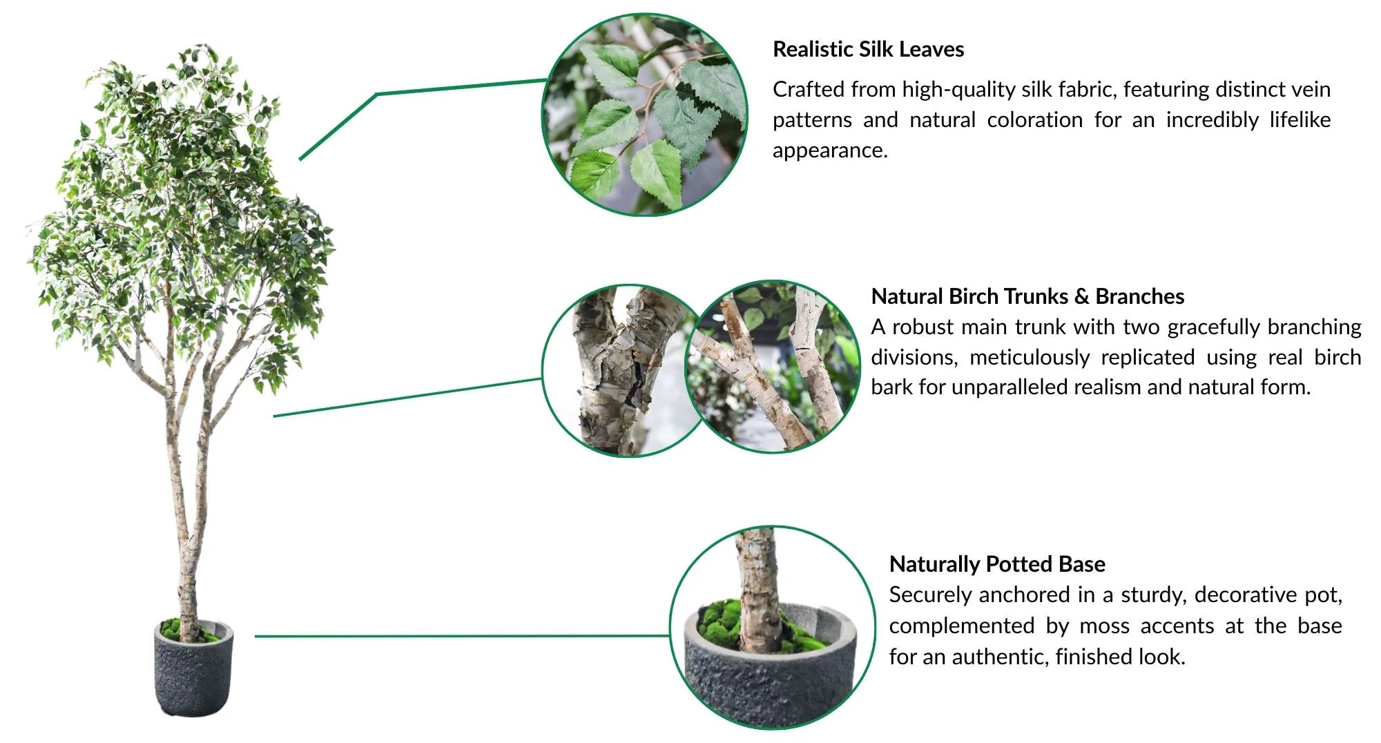 Artificial birch tree feature callout showing silk leaves, real bark trunk and potted base