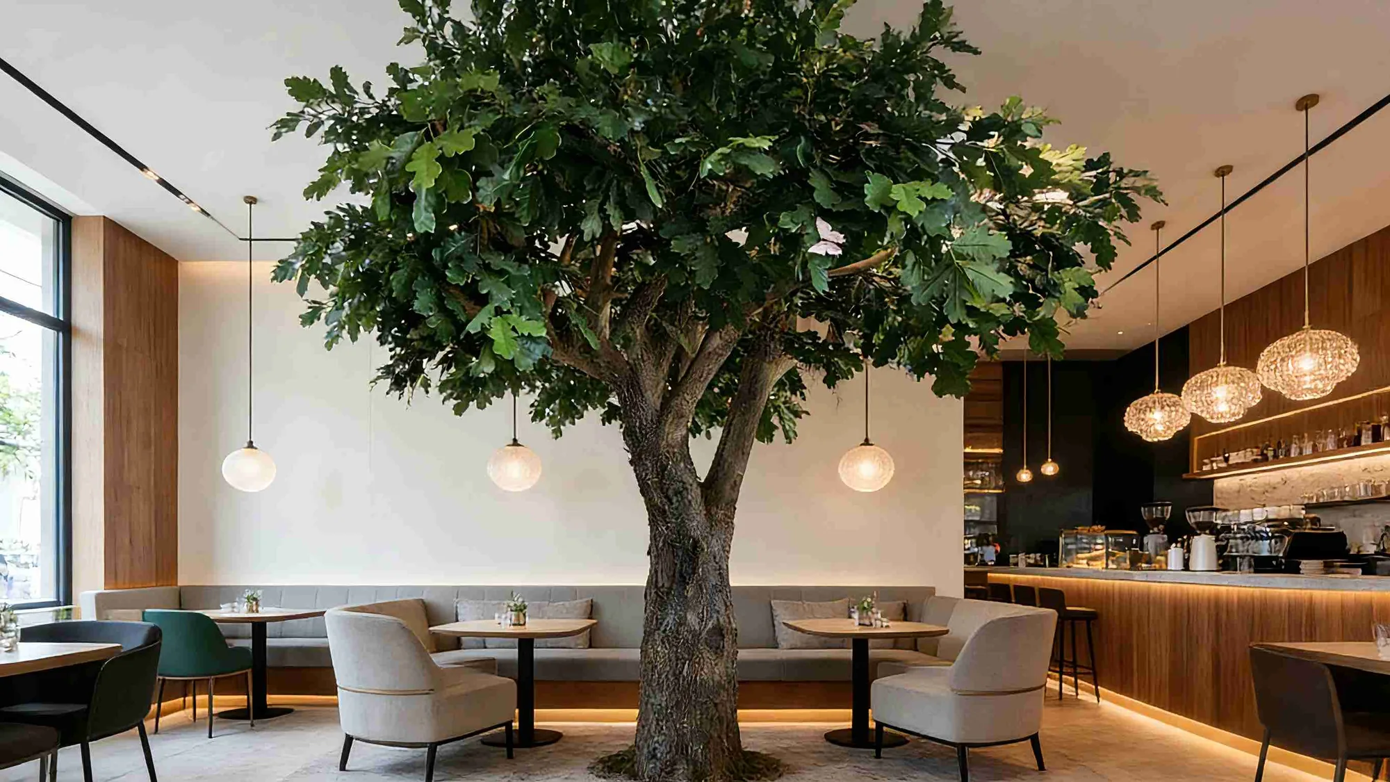 Custom multi-trunk artificial oak tree beside a hospitality seating area